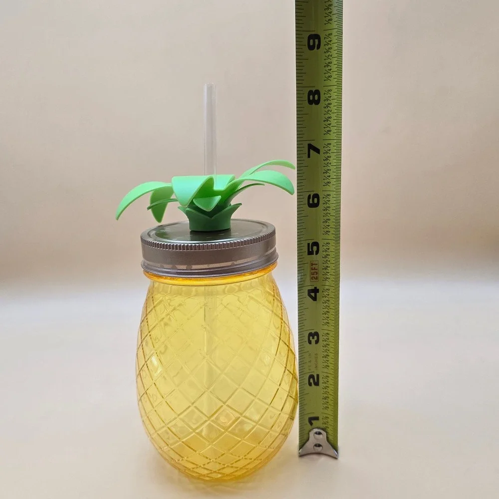 Pineapple Shaped Tumbler Yellow Plastic Mason‎ Jar Cup with Straw & Green Leaves